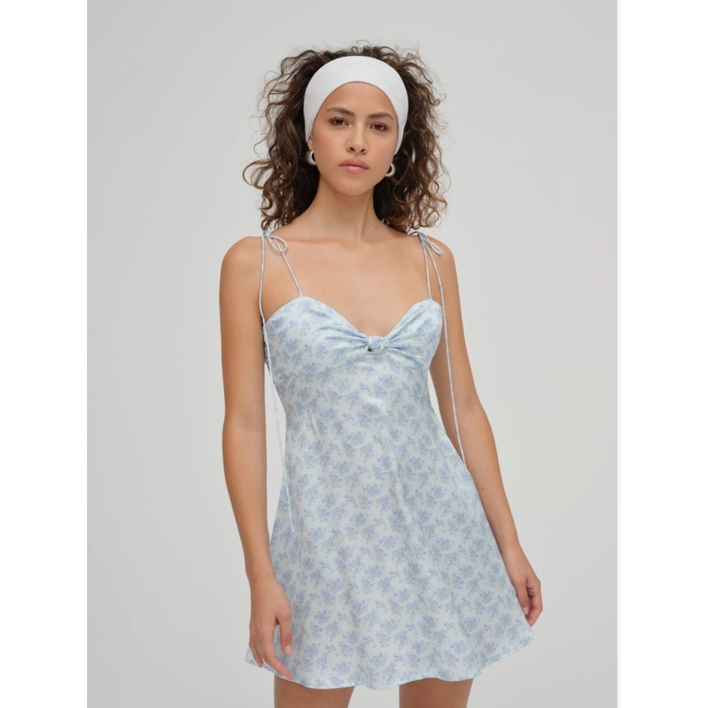NEW! For Love & Lemons Adira Mini Dress Blue Floral Tie Shoulder Size S